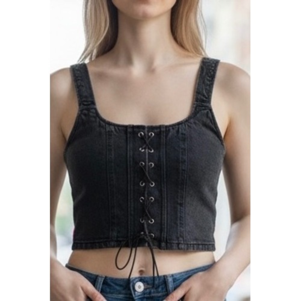 Faded Black Denim Lace‎ Up Corset Crop Top XS Back Zip Biker Goth Festival Moto